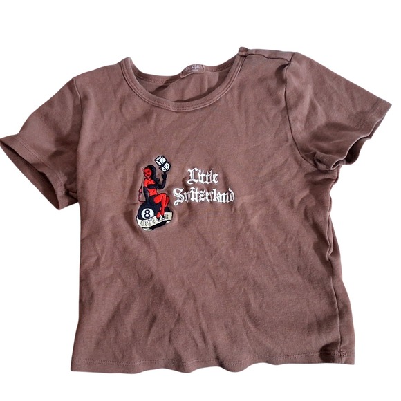 John Galt Brandy Melville Brown Little Switzerland Devil 8-Ball Baby Tee - Picture 2 of 8